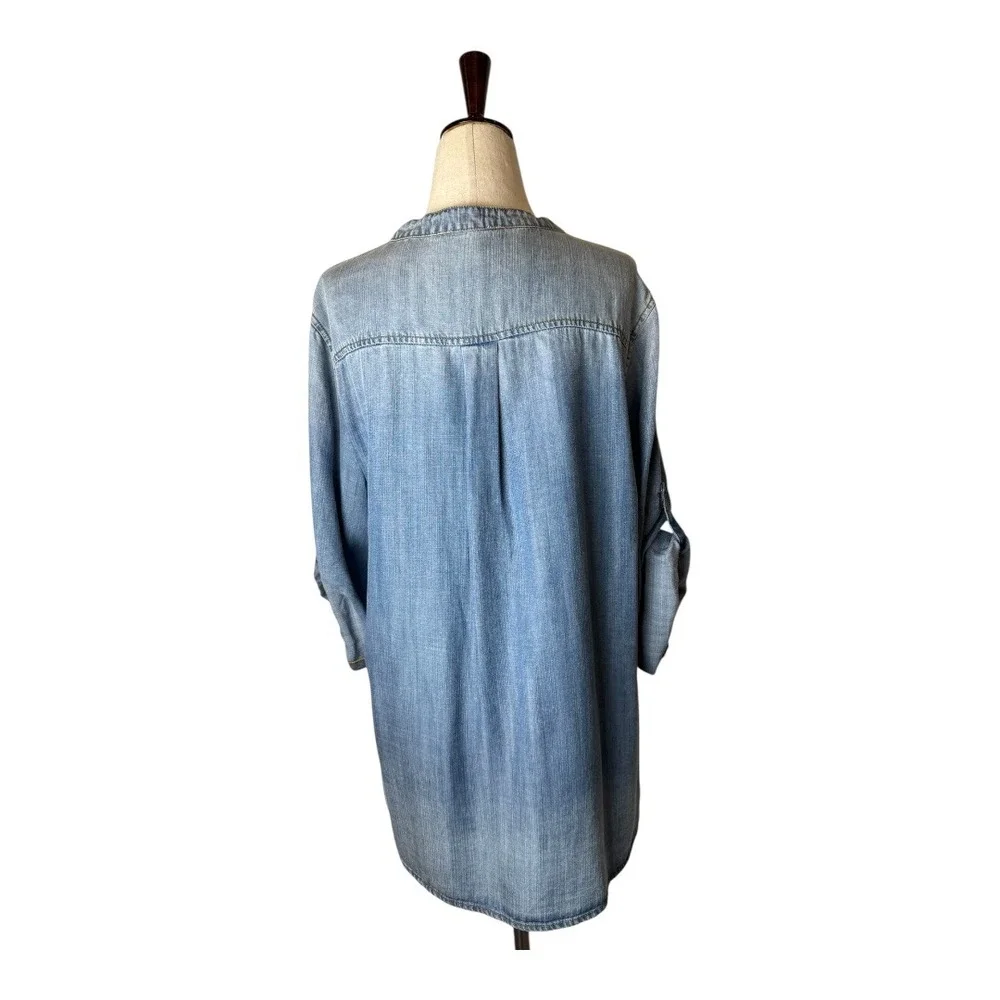 Karlie‎ Shirt Women Large Blue Chambray Tencel Lace Up Roll Tab Sleeve Tunic Top